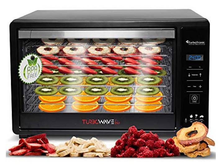 TurboTronic digitaler Dörrautomat mit Edelstahlgitter 30L schwarz, Dörrgerät Edelstahl mit Timer, Temperaturregler, 8 Metallgitter, Abschaltautomatik