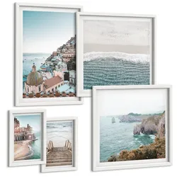 BILDER SET 5er Set - 50x50 cm & 20x30 cm & 40x60 cm Weißer Rahmen - Wasserfälle, Berge, Brücken, Bäume