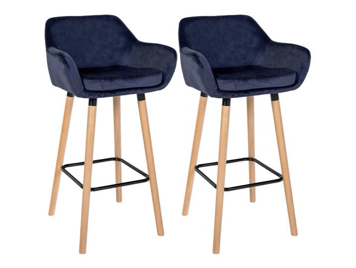 CLP Barhocker 2er Set Samt Dunkelblau, Holz, 55x99x46 cm, Esszimmer, Barmöbel, Barhocker