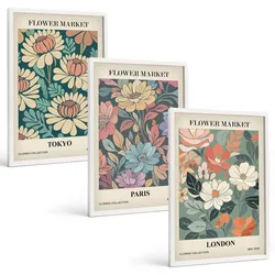 BILDER SET 3er Set - 40x60 cm Weißer Rahmen - Blumenposter Tokio Paris London