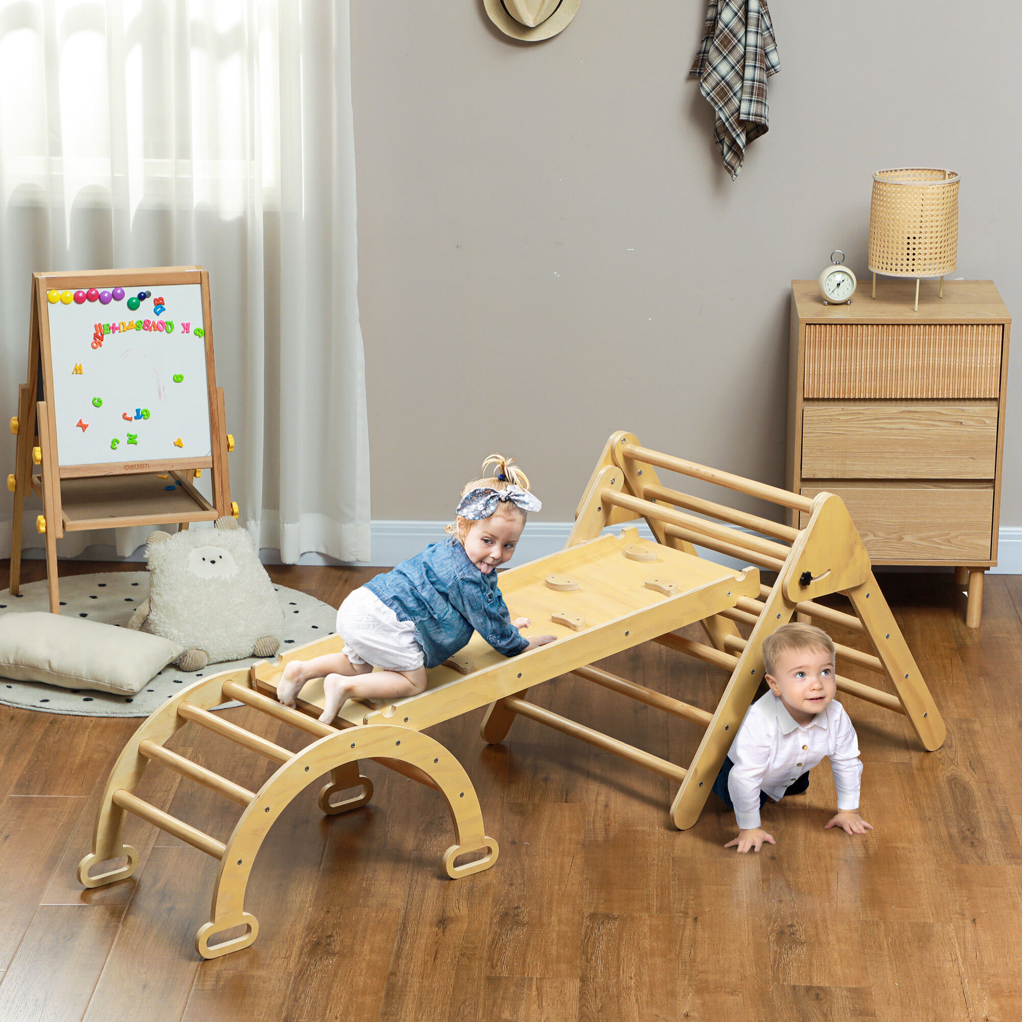 Altro Gioco Arrampicata Bambini Con Triangolo E Arco Montessori E Rampa Con Pietre, 178x64.5x63 Cm, Color Legno