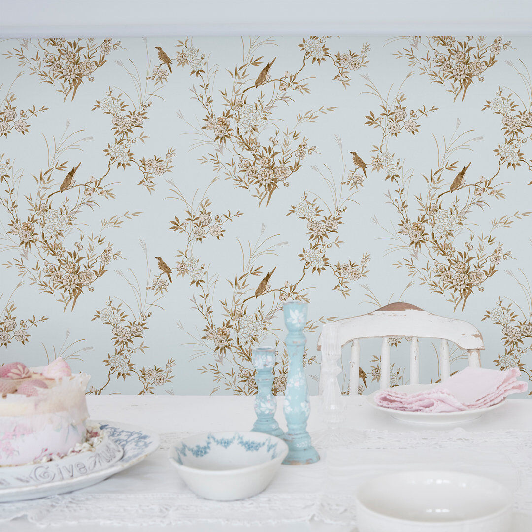 Shabby Chic by Rachel Ashwell by Rachel Ashwell Bird Chinoiserie Floral 10m x 52cm Wallpaper Roll Blue 100cm L