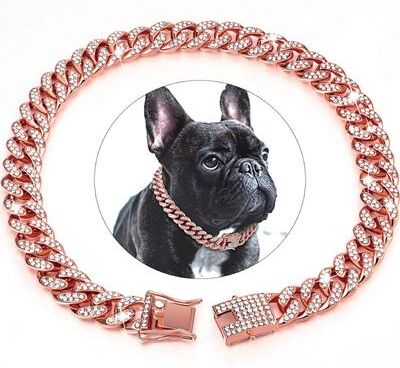 Happy Pet Pantry Luxury Cuban Link Dog Collar With Secure Buckle   Bling Metal Pet Jewelry For Dogs & Cats 20cm 8inch rose Gold