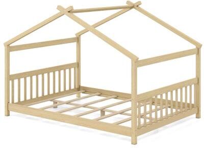 Costway Full Size House Bed Montessori Floor Bed with Headboard-Natural