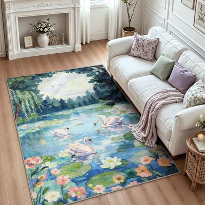 Lee Washable Swan Lake Floral Area Rug, Soft Low-Pile Non-Slip Indoor Rug