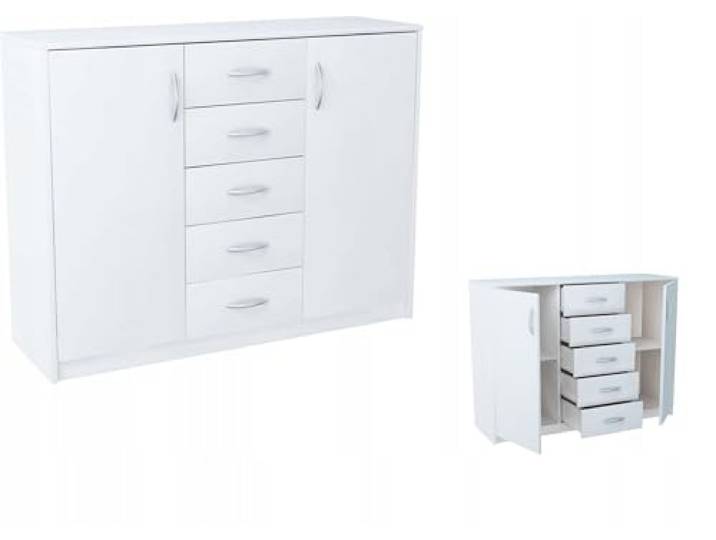 MATKAM Moderne Kommode 2D5S mit 2 Türen und 5 Schubladen - Robuste Aufbewahrungslösung für Schlafzimmer und Wohnbereiche (Weiß)