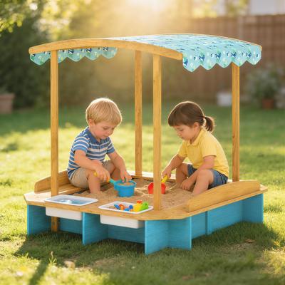 Homcom Qaba Wooden Sandbox with Dinosaur Print Canopy, Bench Seats, Storage Bins, Bottom Liner, Outdoor Kids Play Equipment