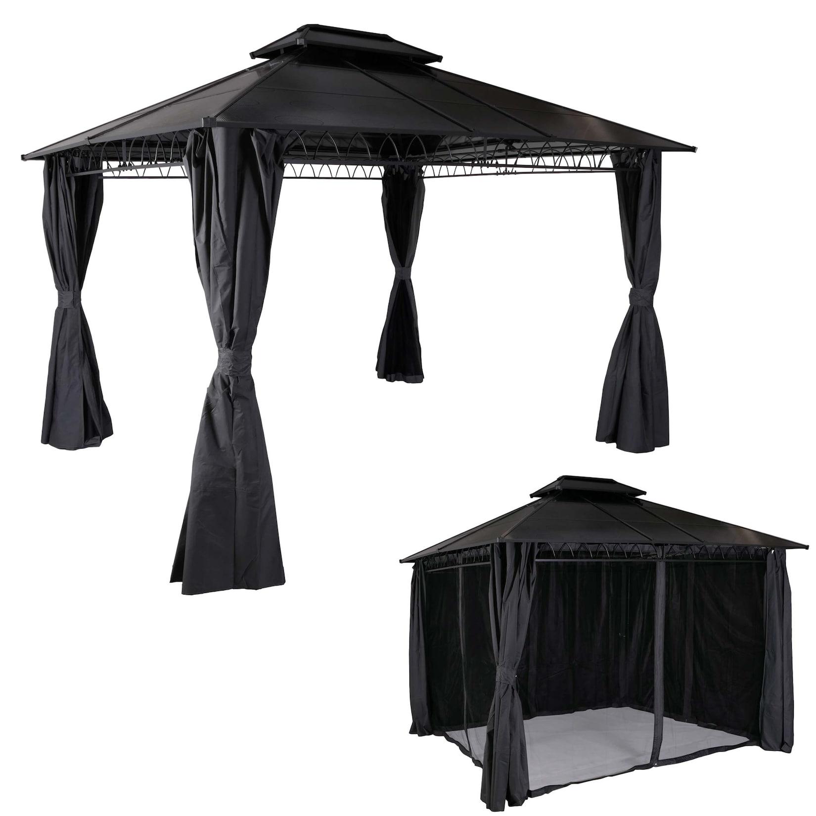 Hardtop Pergola MCW-M81, Pavillon, Aluminium Dachstreben 7cm-Stahlgestell mit Seitenwand und Moskitonetz 3,6x3m ~ grau