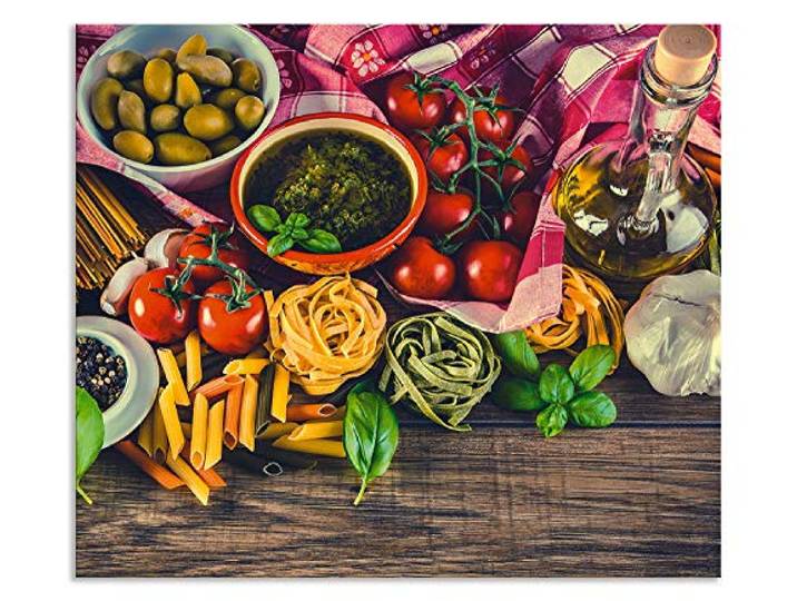 ARTland Spritzschutz Küchenrückwand aus Alu für Küche Herd Spüle 70x60 cm (BxH) mit Motiv Essen Lebensmittel Italien Pasta Gemüse Tomaten Mediterran S7SL