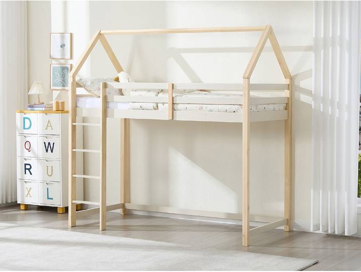 Lit mezzanine cabane 90 x 190 cm - Pin massif – Beige et naturel - TARZIA