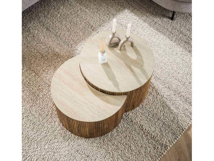 LEVEN Lifestyle Couchtisch 2´er Set Couchtisch rund ZEN STONE Travertin natur (2´er Set), Tischplatte ist aus hochwertiger Keramik in Travertin-Optik gefertigt