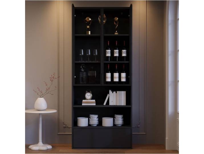 Vitrine haute noire - MDF et verre - 1 tiroir - LED contrôlable par application - 80 x 34 x 180 cm