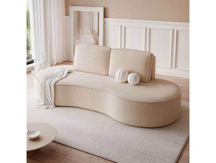 Canape Convertible SOFIA - 2 places - Canapé Arrondi Tissus Amovibles - Tissu Bouclé texturé - Crème