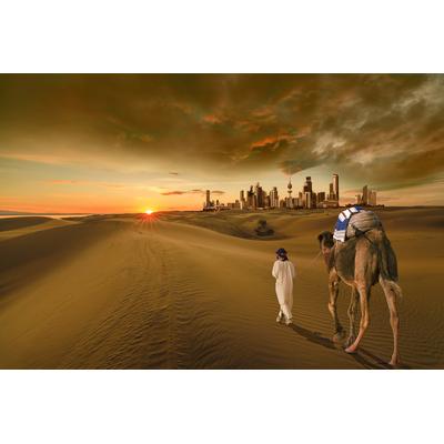 Fototapete PAPERMOON "KUWAIT-STADT-WÜSTE KAMEL DÜNEN SKYLINE STRAND MEER GOLF", bunt, B:4m L:2,6m, Vlies, Tapeten