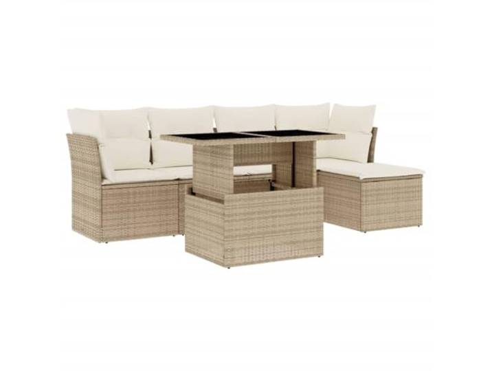 PUGYNBK Garten-Sofa-Set, 6-teilig, synthetisches Rattan, Beige Ausziehbarer Tisch für Cafe Esszimmer, dicke abnehmbare Kissen, modulares Design