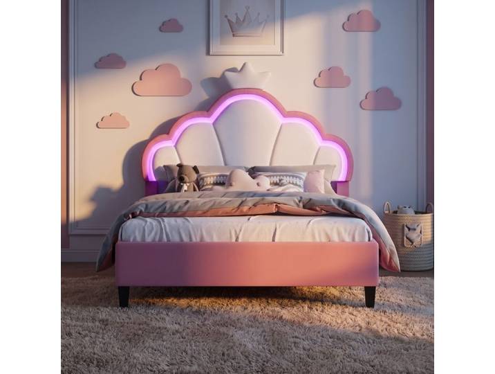 Lit enfant 140x190 Lit Princesse 140x190 avec tête de lit réglable Cadre de lit 140x190 avec sommier Lit 2 Personnes Velours rose