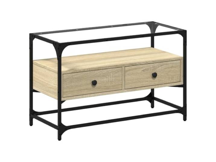KGFHERENB TV-Schrank mit Glasplatte 80x35x51cm Sonoma-Eiche Zwei Schubladen und Glasablage schaffen Ordnung im Wohnzimmer, stabiles Metallgestell sorgt für sicheren Stand.