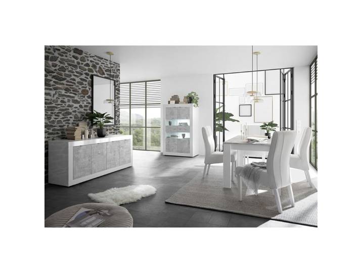 OTELLO - Ensemble Séjour avec Buffet 4 Portes Finition Blanc Laqué et Aspect Béton