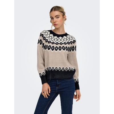 Strickpullover ONLY "ONLRUSTY LS ISLE O-NECK BF KNT", Damen, Gr. S, beige (night sky pattern:string, birch, mel), Strick, Obermaterial: 72% Polyacryl, 25% Polyester, 3% Elasthan, gemustert, regular fit normal, Rundhals, Pullover Strickpullover,...