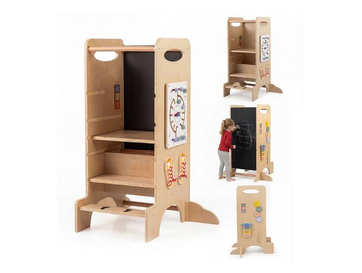 COSTWAY Tritthocker, Holz-Stehturm höhenverstellbar mit Tafel & Spiele