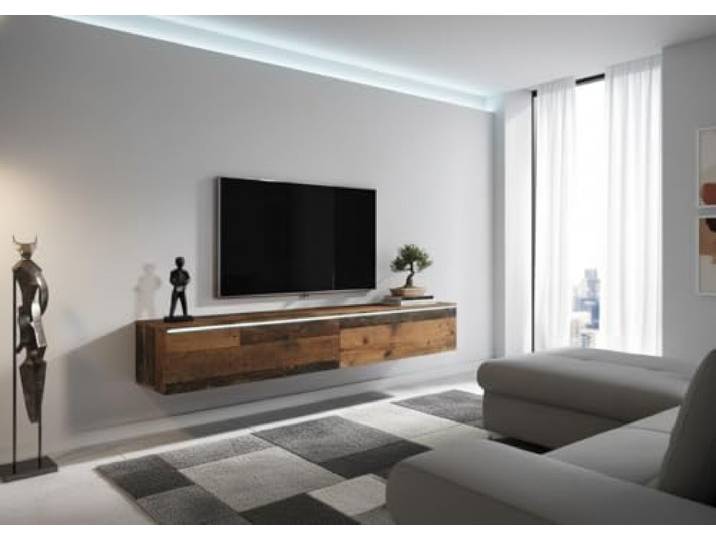MINIO go for it - TV Schrank Donna Breite 180 cm Lowboard ohne LED Stehend oder Hängend, Fernsehschrank für das Wohnzimmer, Laminierte Spannplatte, Moderner Stil, Oldwood