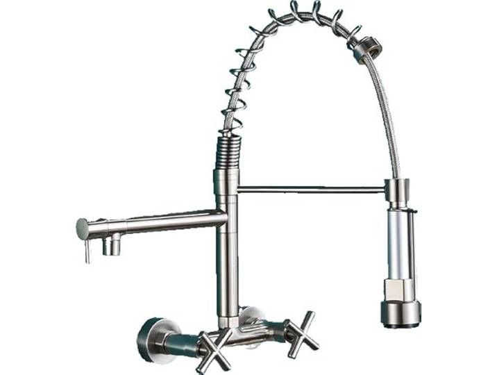 KLARWERK® Björn Gastronomie Armatur Wandmontage Silber gebürstet Profi Küchenarmatur Edelstahl Zwei Brausen Doppelspülbecken Wasserhahn Restaurant