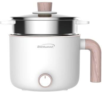 Brentwood 1.5 Liter Multi-Function Electric Hot Pot Cooker w/ Non-Stick Ceramic Coating and Stainless-Steel Food Steamer White