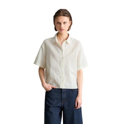 Kurzarmbluse MARC O'POLO DENIM "relaxed aus Leinen-Baumwolle-Mix", Damen, Gr. XL, weiß (silky weiß), Web, Obermaterial: 56% Leinen, 44% Baumwolle, relaxed fit normal, Blusen
