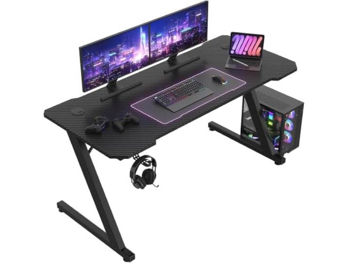 JUMMICO Gaming-Tisch mit Kopfhörer-Haken 140 x 60 cm 2 Kabeldurchlässe, Z-förmige Tischbeine, Tischplatte in Karbonfaser-Optik, ideal für Gamer