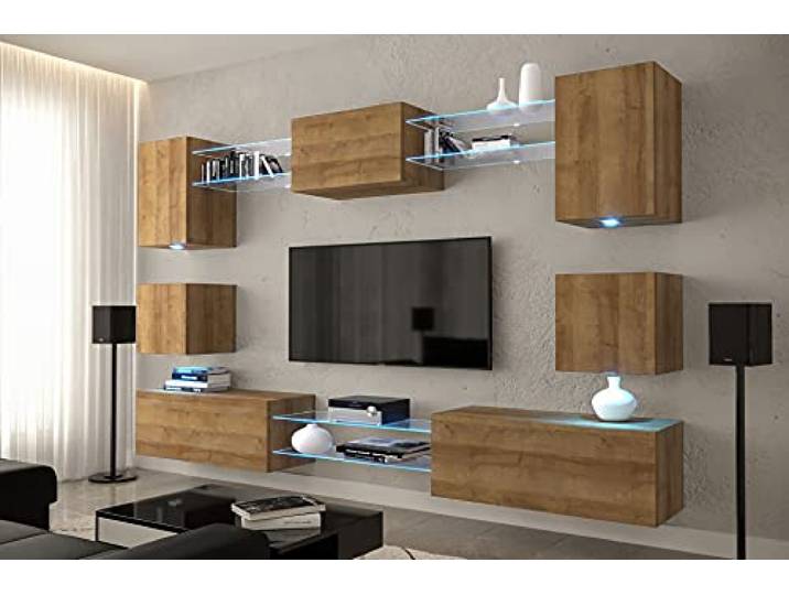 Furnitech Wohnwand Wohnzimmer Möbel Mit LED RGB - 16 Farben Hängend Modern Schrankwand Mit Regale Und TV Schrank (Nowara AN1-17DZ-M4-1A-NEW)