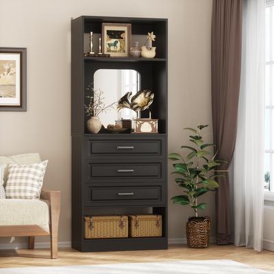Rackcog Cimly 25'' Freestanding Closet System with Drawers and Mirror, Display Shelves Organizer with Shelving