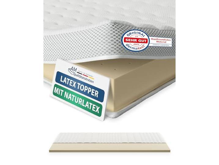 AM Qualitätsmatratzen Premium Latex Topper 150x200cm RG65 - Made in Germany - Atmungsaktiver Naturlatex Topper 150x200-6cm - Matratzenauflage 150x200 mit Lyocell Bezug und Anti-Rutsch Funktion