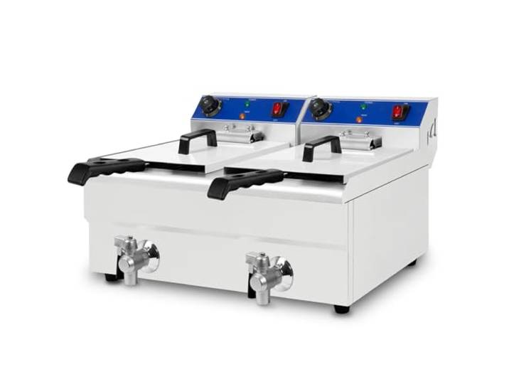 VERTES Friteuse Fritteuse Fritöse Edelstahl 2x 10L (2x 3000W, 230V, Kaltzonenprinzip, Temperatur Stufenlos Regulierbar 50-250°C, Ablasshahn, 2 Frittierkörbe, Betrieb mit Öl & Flüssigem Fett)