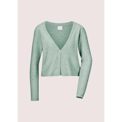 Strickjacke MADELEINE "Strickjacke Kurze Bolerojacke mit Glitzer", Damen, Gr. 48, silber (hellsalbeigrün, silberfarben), Obermaterial: 28% Alpaka WP. 28% Wolle WO. 24% Polyamid PA. 15% Polyester PES. 5% Elasthan EL., Modern, normal, V-Ausschnitt,...