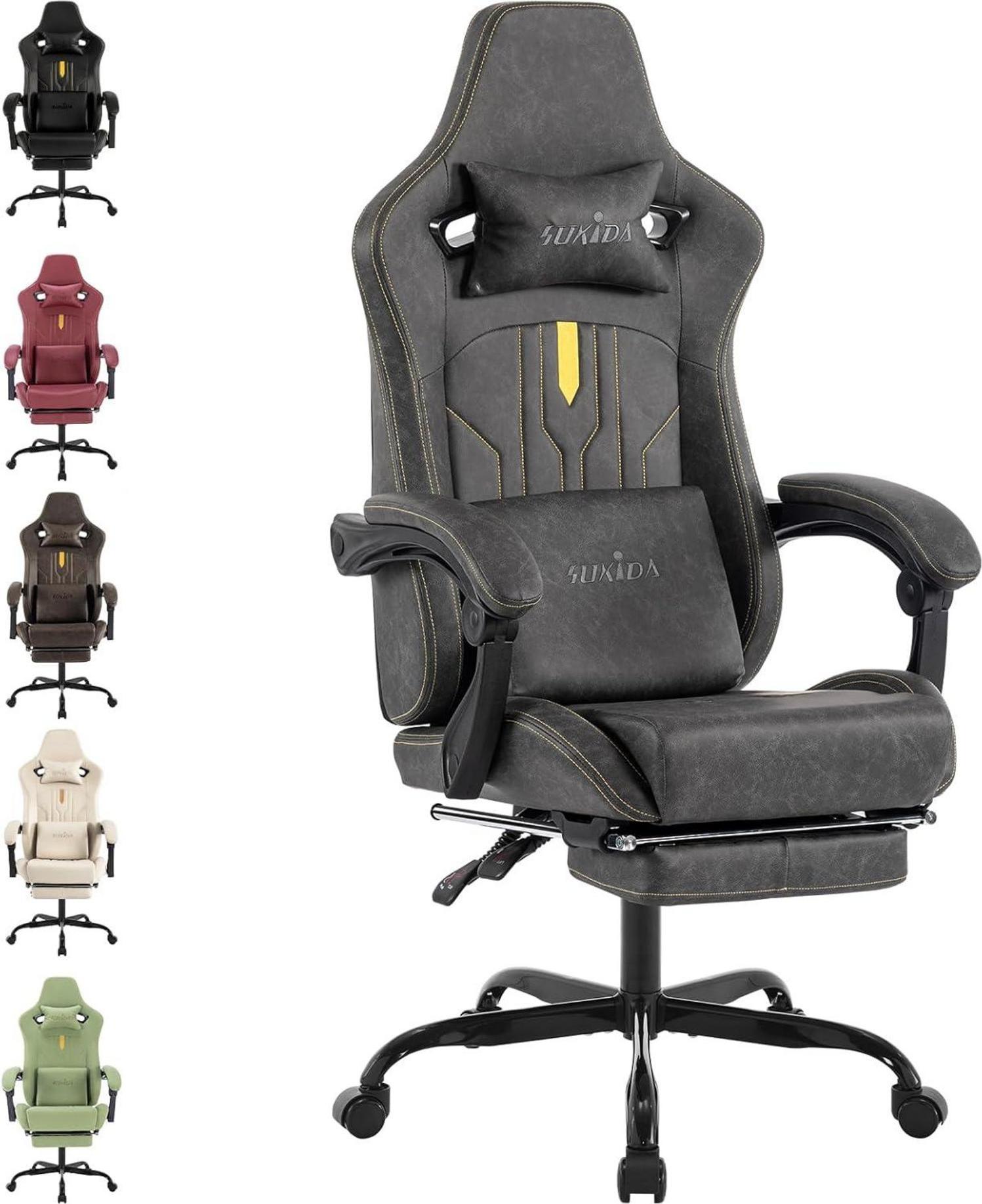 Gaming Stuhl Ergonomischer Computerstuhl mit Fußstütze Lendenwirbelstütze Grey