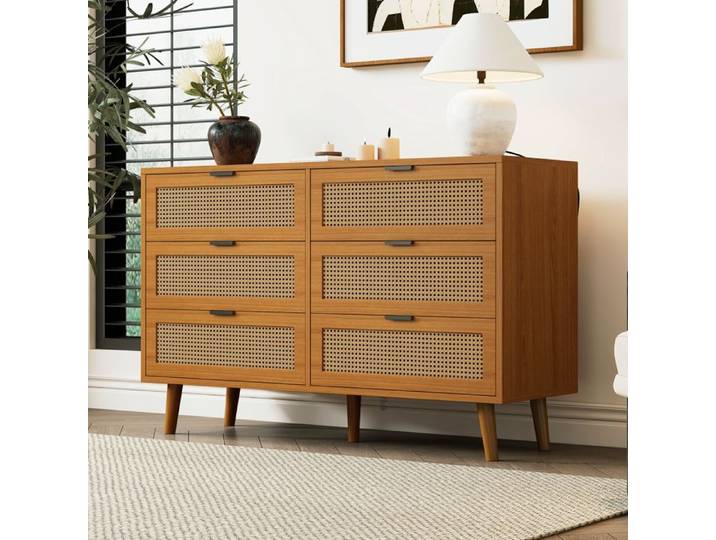 LPOSPI Commode 6 tiroirs bois moderne avec poignées métal rangement généreux pour chambre salon ou bureau naturel