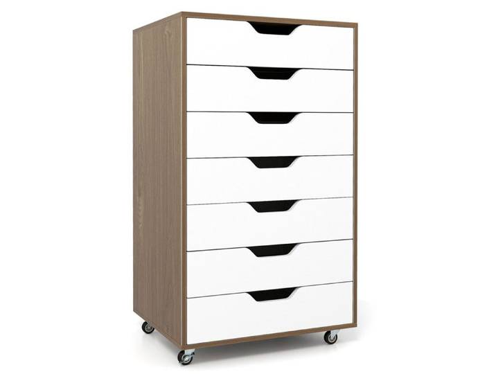 7 tiroirs meuble de rangement sur roulettes caisson mobile pour bureau et maison finition noyer
