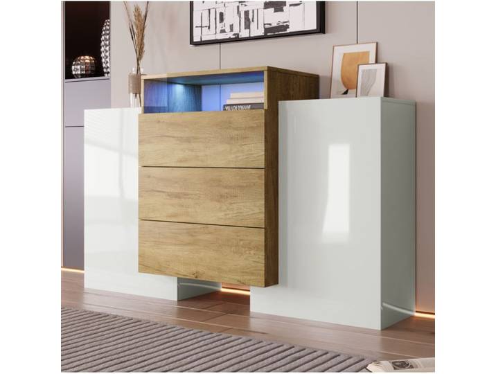 meuble rangement buffet 140 cm LED MDF naturel blanc bois fonctionnel EVRYAE