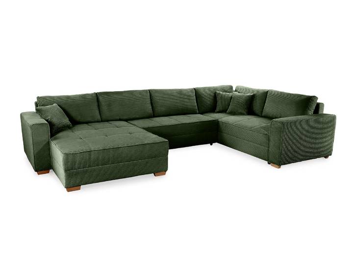 Wohnlandschaft U-Form Sofa Schlaffunktion Couch Bettkasten Cord in Grün / 15199