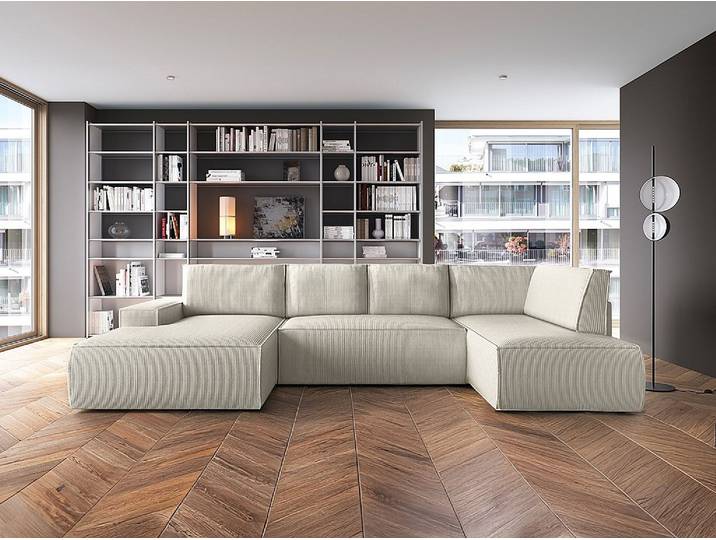 Große Wohnlandschaft - Ecke links - Mit Schlaffunktion - Cord - Beige - AMELIA