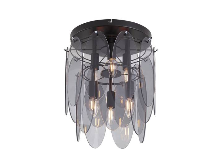 Art Deco plafondlamp zwart met smoke glas ovaal 6-lichts - Mochan