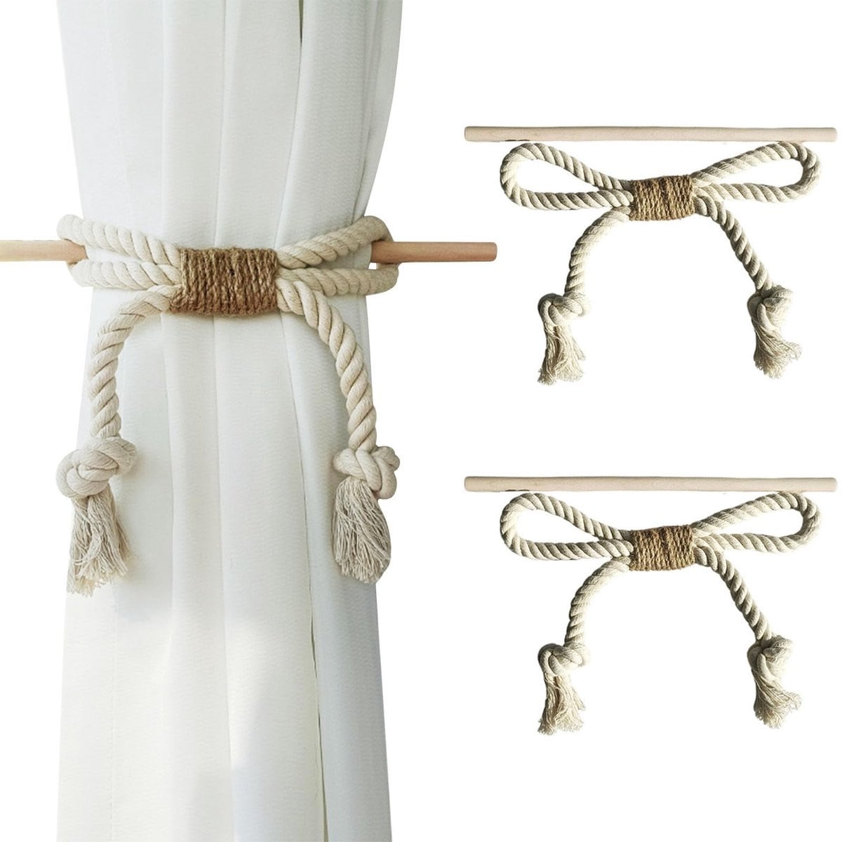 Dailygoods - Set van 2 handgebreide gordijnhouders met houten beslag