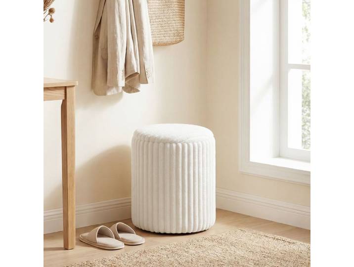 Pouf de rangement en velours côtelé blanc avec couvercle réversible pour salon et chambre