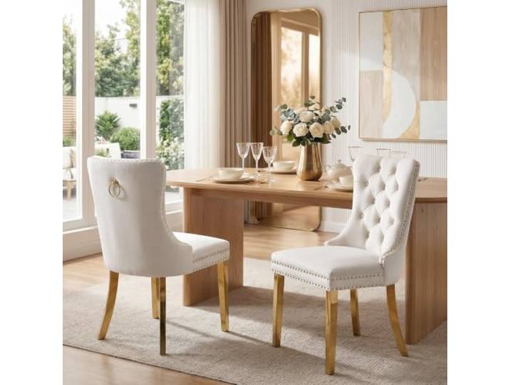 SoarTalent 2er Set Esszimmerstühle Samt Goldbein, Beige/Gold Samt gepolstert, Nagelkopfbesatz, vergoldeten Beinen, Metall-Ziehring, für Esszimmer & Wohnzimmer