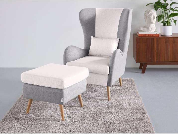 Sessel GOODPRODUCT Salla Bezug Bouclé oder Struktur fein, Ohrensessel , beige (creme, grau), B:78cm H:118cm T:94cm, 100% Polyester, Sessel, Sessel, wahlweise mit oder ohne Hocker; grosser Sessel: Masse B/T/H: 78/94/118cm
