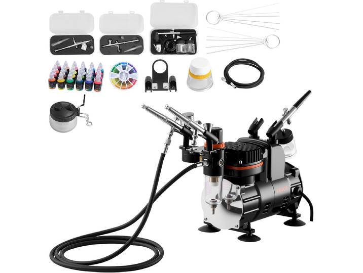 VEVOR Airbrush Pistoolset Luchtcompressor met 3 Pistolen Acrylverf 3 Spuitmonden