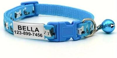 Inspired Living Personalized Reflective Cat Collar With Engraved Name Tag & Bell blue