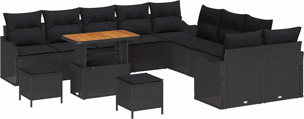 Gartenmöbel-Set, Lounge-Sofa für Outdoor, 13-teilig, Poly-Rattan & Akazienholz, höhenverstellbar, 12 Sitzplätze, Schwarz
