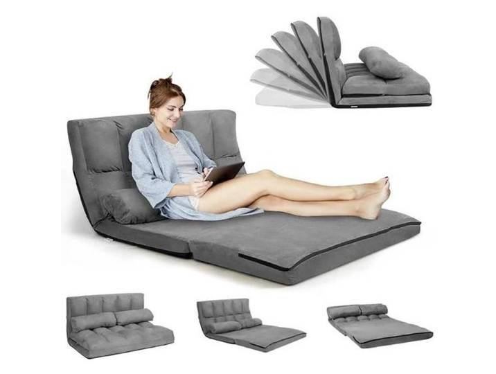 RELAX4LIFE Chauffeuse 2 Personnes Pliable en Daim Dossier Réglable de 90°-180° de 6 Positions avec 2 Oreillers Charge Max