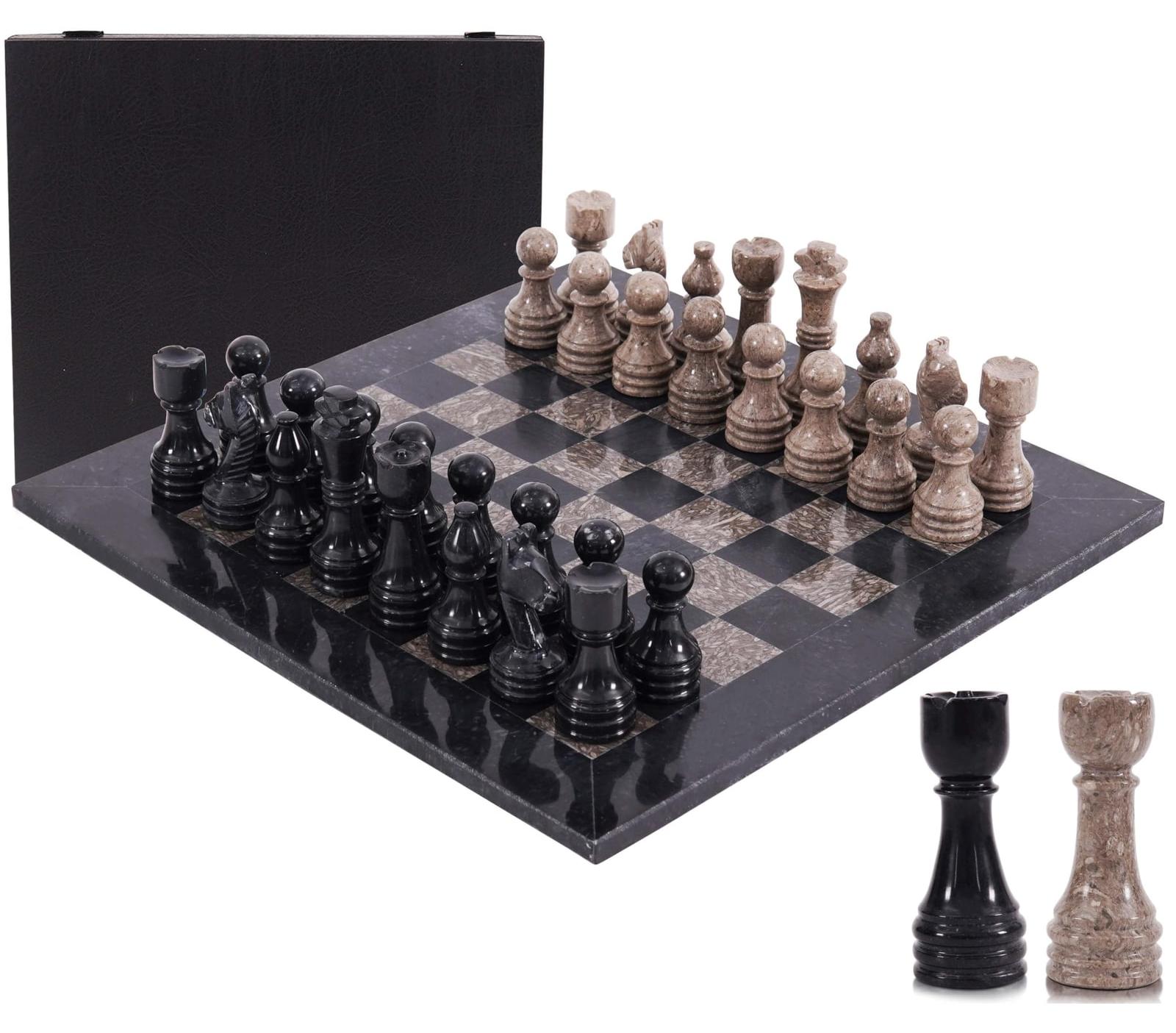 Schachspiel Schachbrett Marmor Schachset - 38 cm - Schwarz und Korallenrot - Für Zuhause und unterwegs